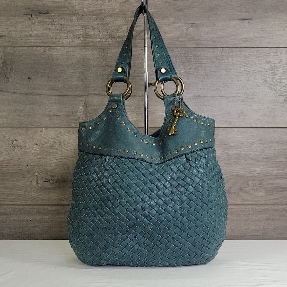 Fossil Teal Woven Hobo with Stud and Ring Accents